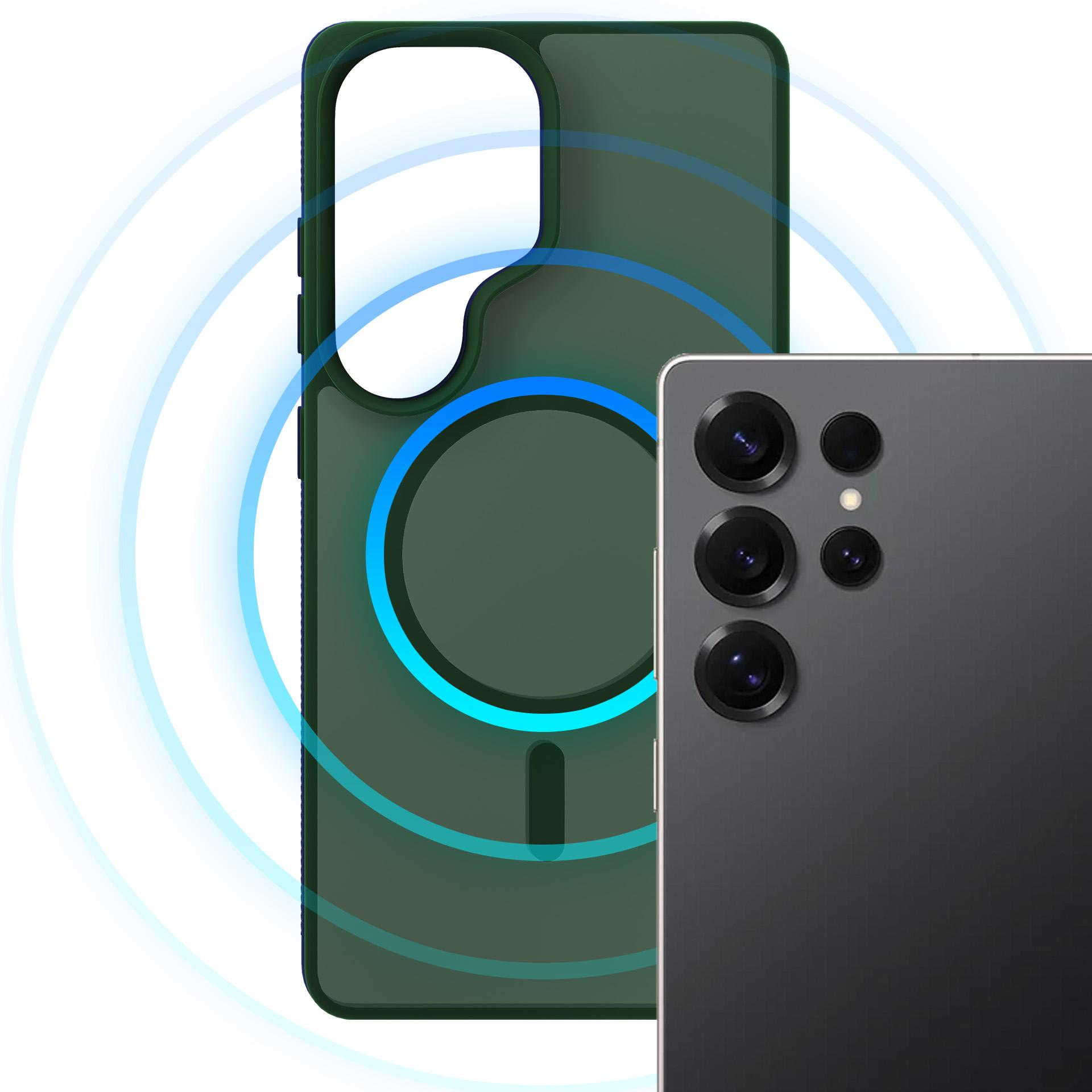 Ciemnozielone etui na telefon z magnetycznym kółkiem i smartfonem.