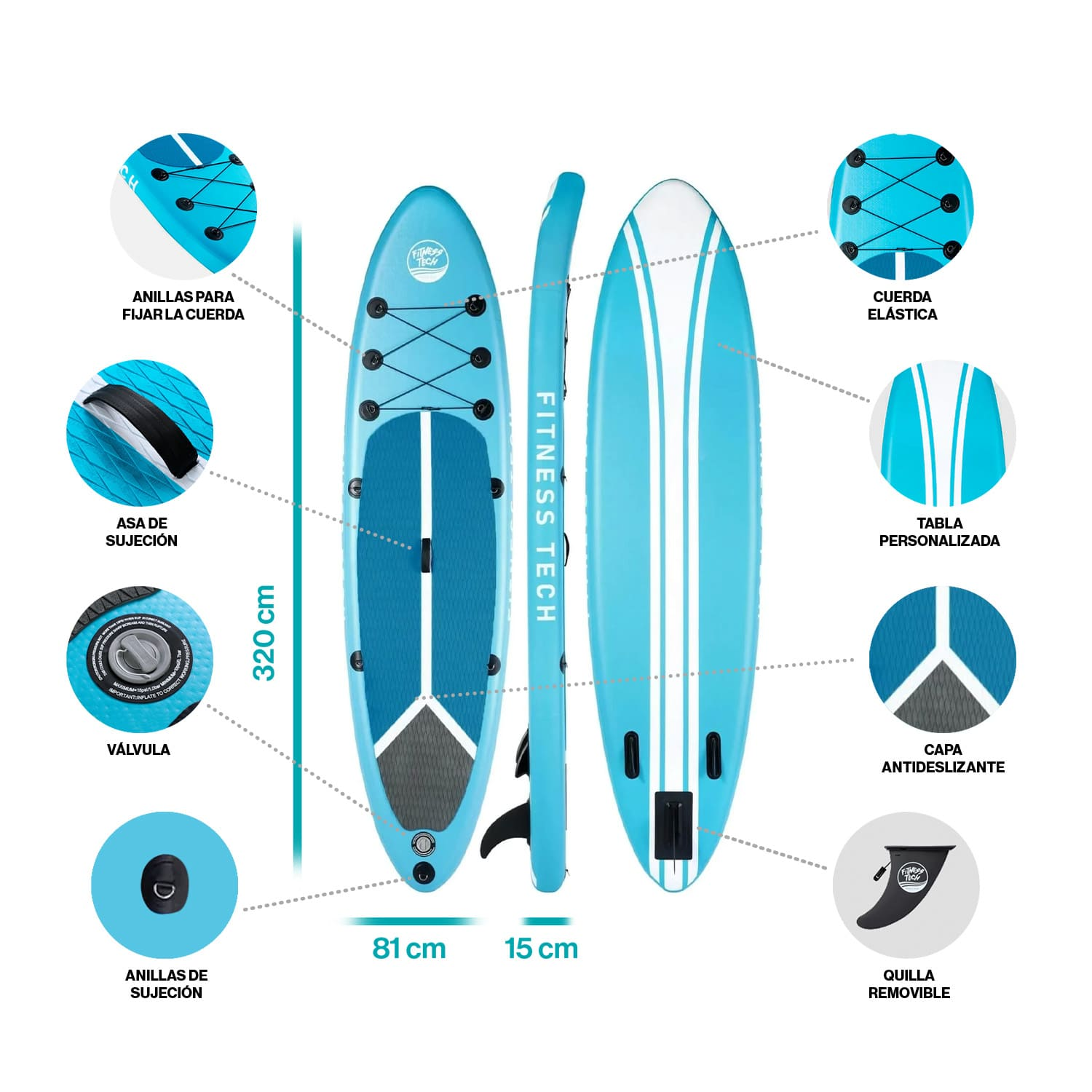 Una tabla de paddle azul y blanca con detalles como anillas, asa, válvula y quilla.