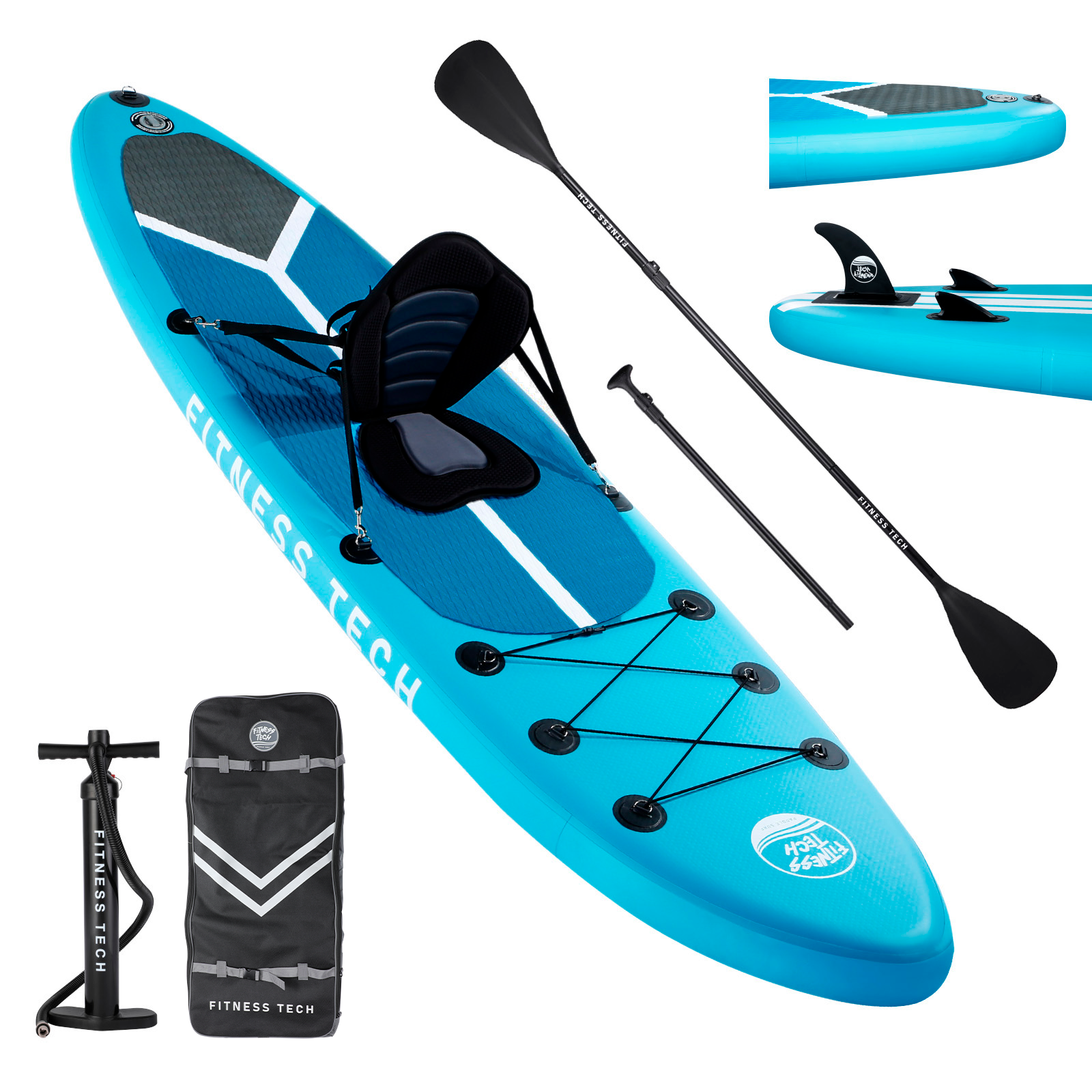 Tabla de paddle surf azul con asiento, remo, bomba y bolsa.