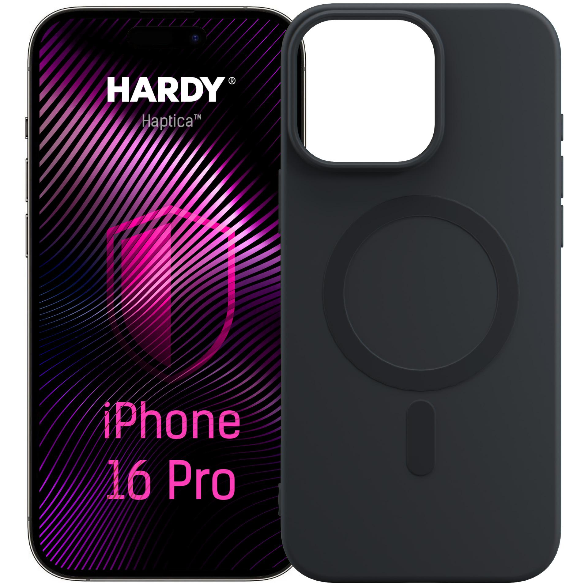 Czarna obudowa iPhone 16 Pro obok smartfona z różowo-fioletowym wzorem.