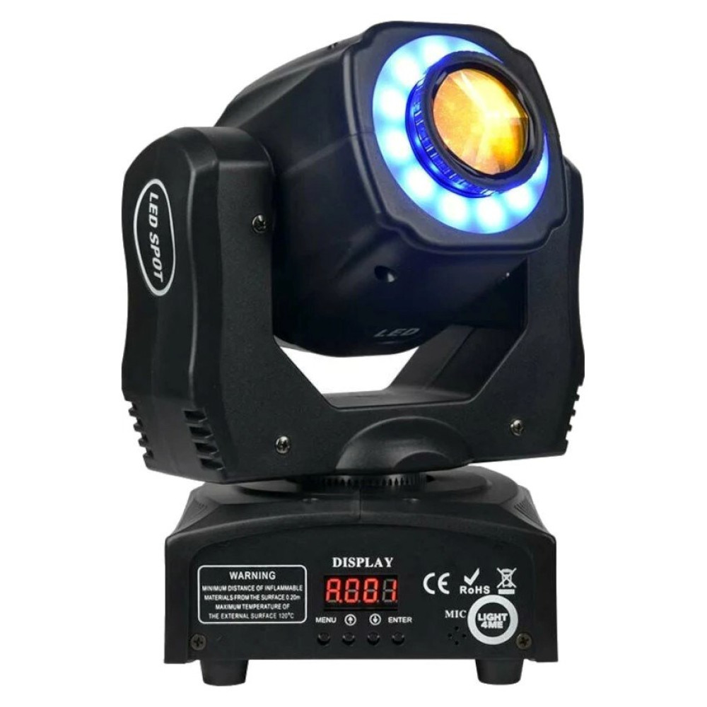 Czarny spot LED z niebieskimi światłami pierścieniowymi i żółtą soczewką na białym tle.
