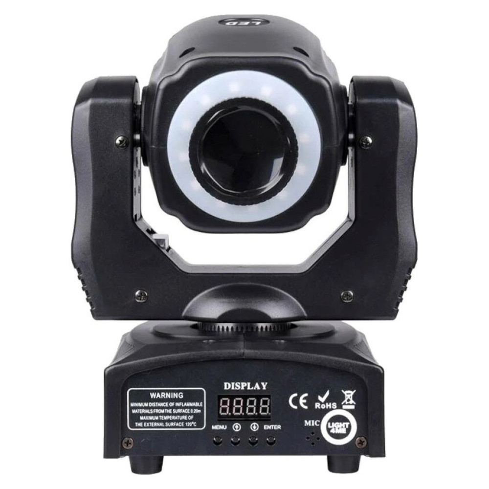 Czarna lampa sceniczna typu moving head z pierścieniem LED i cyfrowym wyświetlaczem. Widoczne etykiety ostrzegawcze.