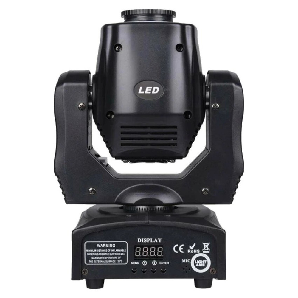 Czarna lampa LED typu moving head z panelem sterowania i wyświetlaczem na białym tle.