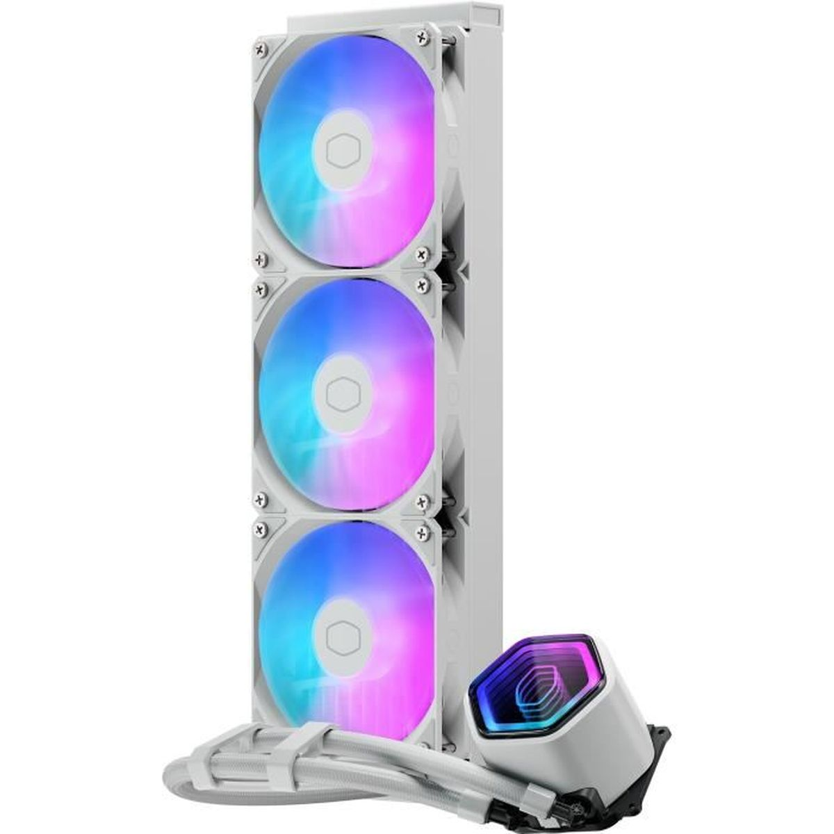 Un refroidisseur de CPU liquide blanc avec trois ventilateurs RGB affichant des teintes bleues et roses, et une tête de pompe hexagonale.