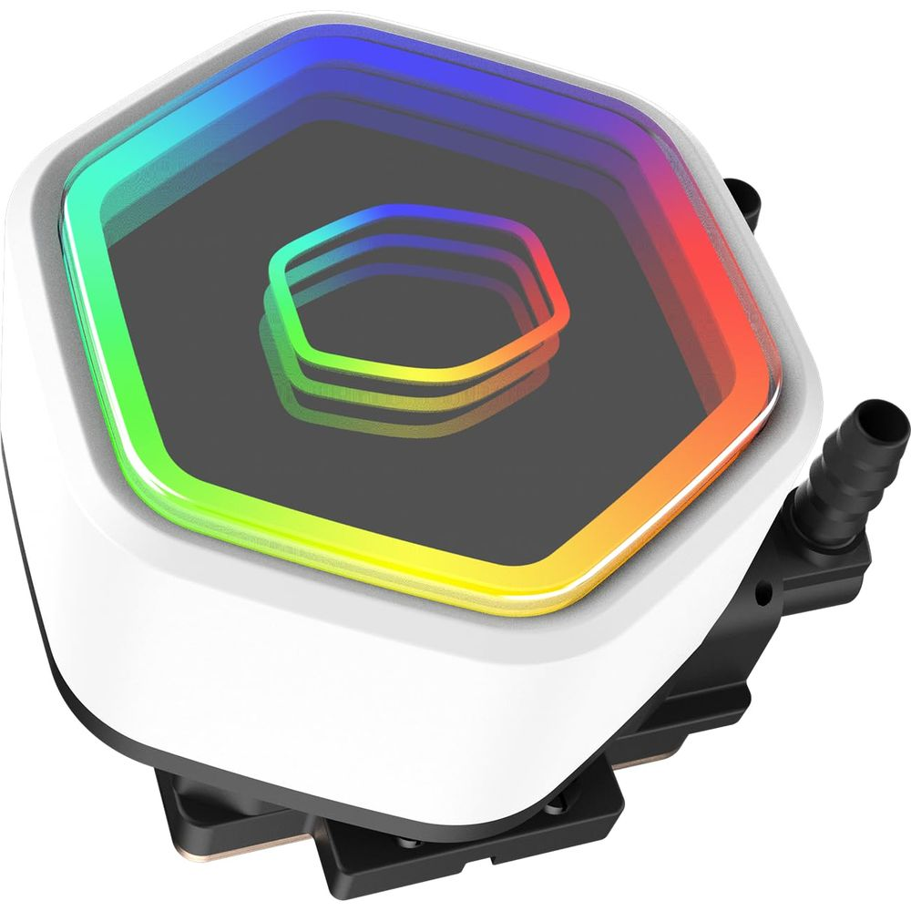 Un refroidisseur de processeur hexagonal blanc avec un centre noir et un éclairage LED aux couleurs de l'arc-en-ciel, avec deux connecteurs de tuyau noirs.