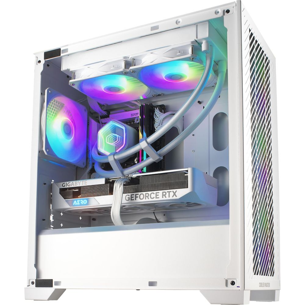 Boîtier PC blanc avec ventilateurs RGB, carte graphique GeForce RTX et refroidisseur liquide.