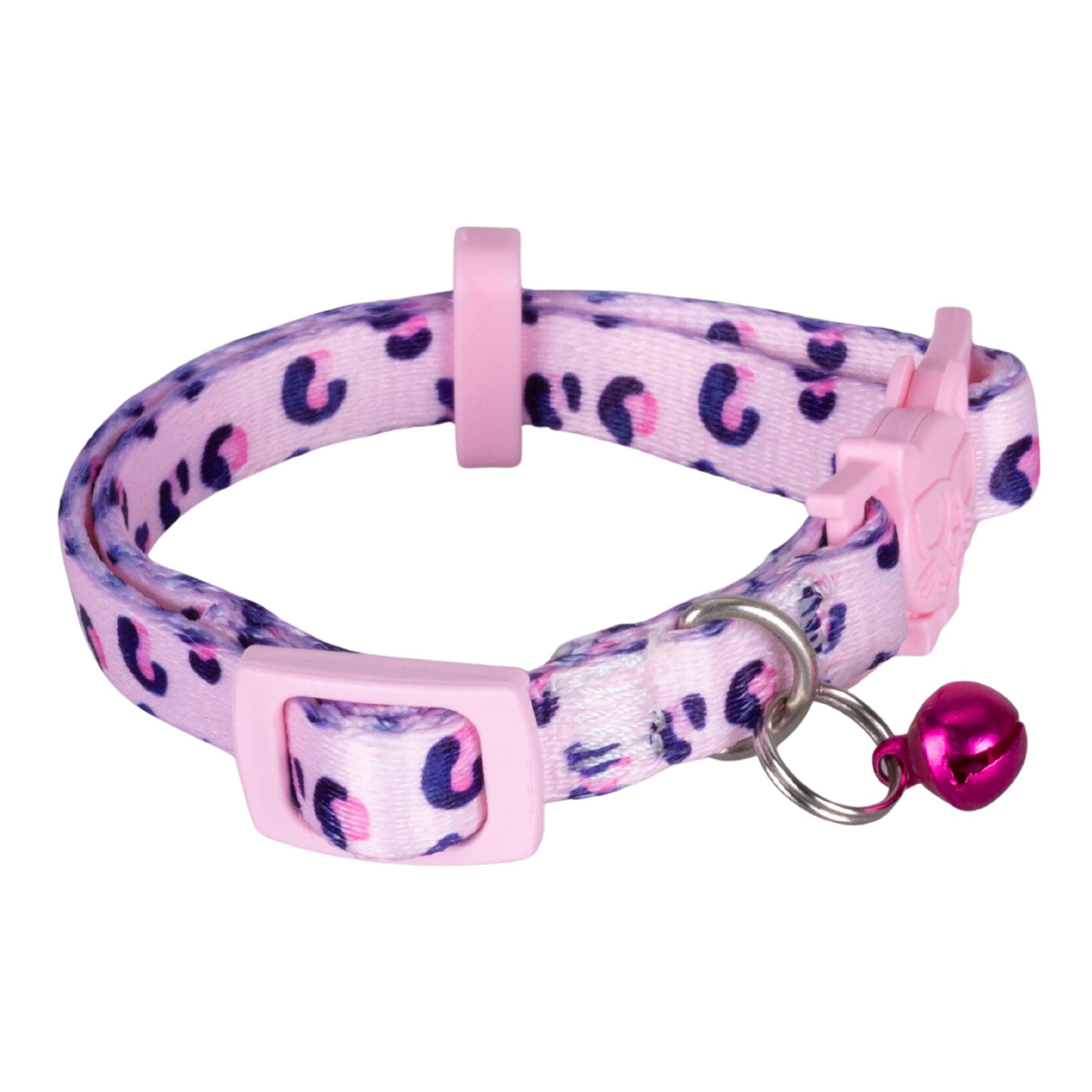 Pembe çanli, leopar desenli açık pembe kedi tasması.
