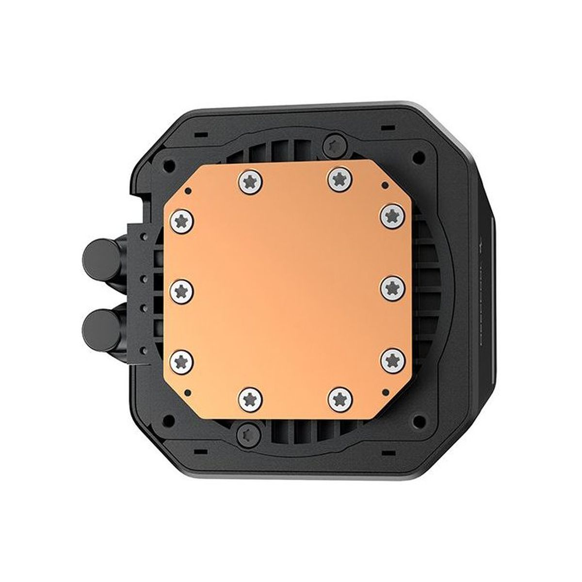 Placa de cobre para refrigeración de CPU con seis tornillos en carcasa negra.