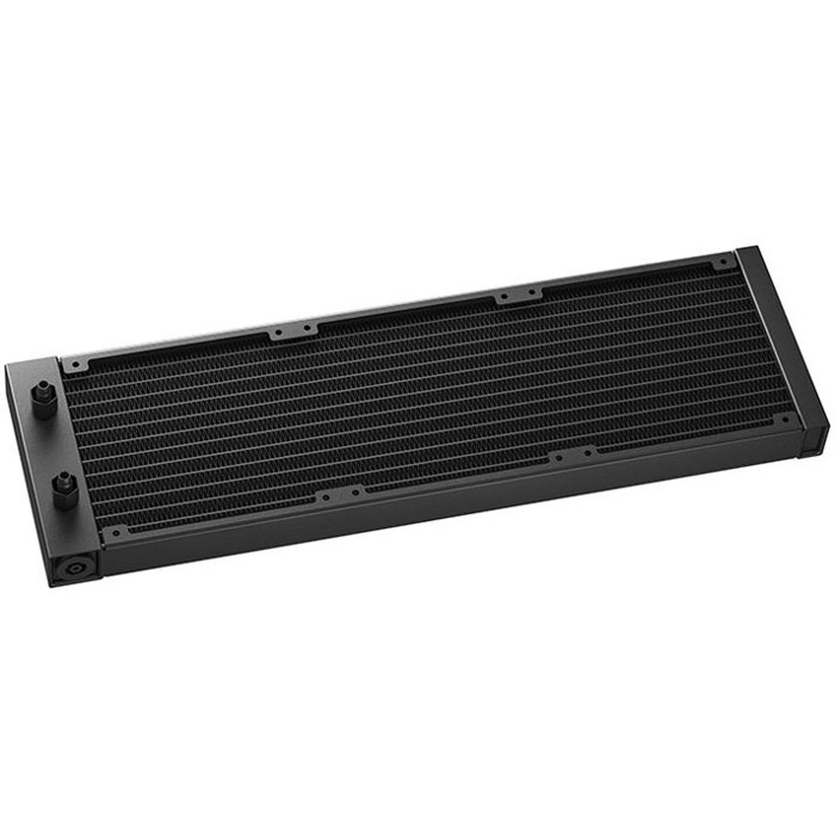 Radiador negro para ordenador con aletas y dos puertos laterales.