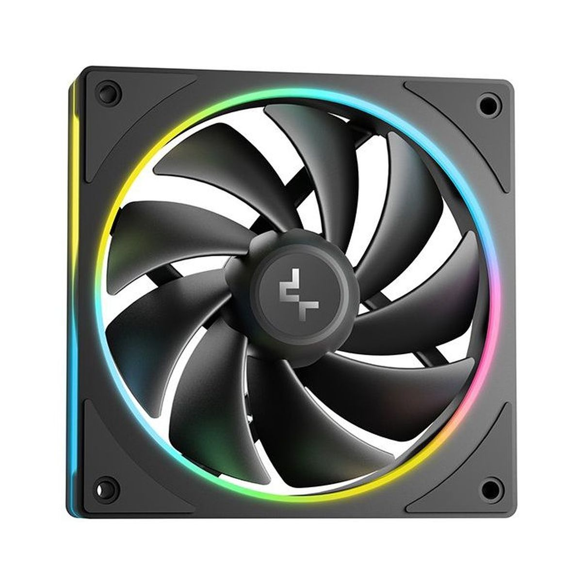 Un ventilador de computadora negro con bordes RGB iluminados.