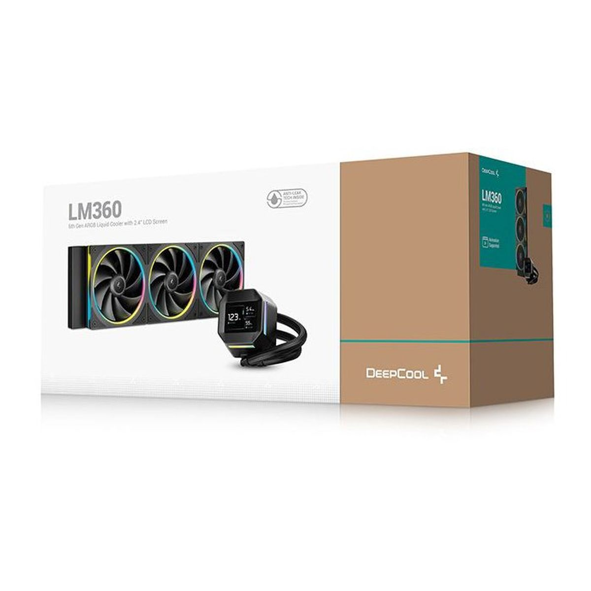 Un enfriador de CPU DeepCool LM360 con tres ventiladores y pantalla LCD.