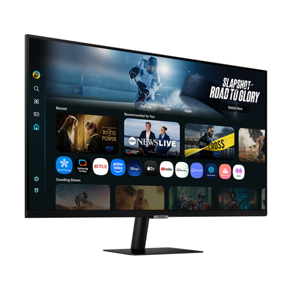 Nowoczesny telewizor wyświetla interfejs Smart TV z aplikacjami i rekomendacjami filmów.