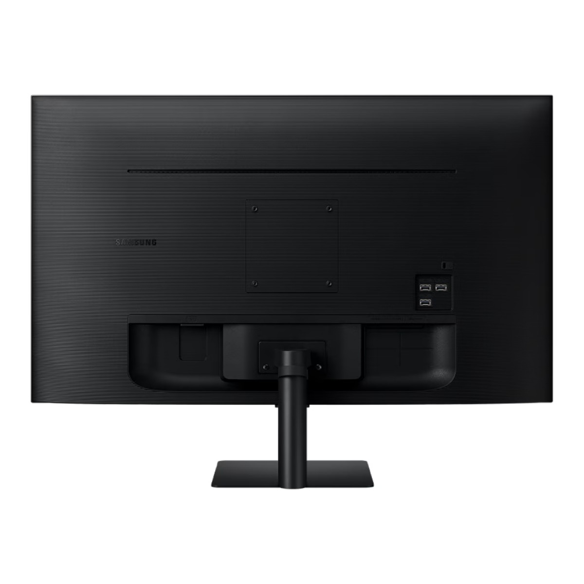 Tył czarnego monitora Samsung z portami przyłączeniowymi i podstawą.