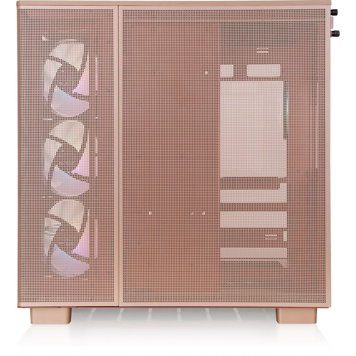 Ein roségoldenes Computergehäuse mit Lüftern auf der linken Seite.