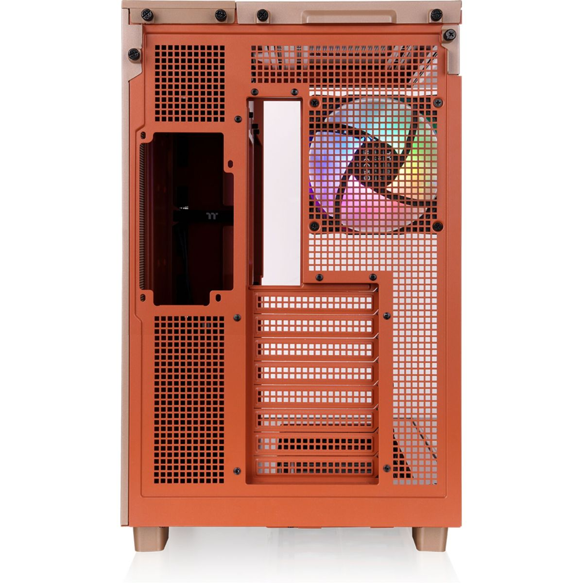 Rückseite eines orangefarbenen Computergehäuses mit Lüfter