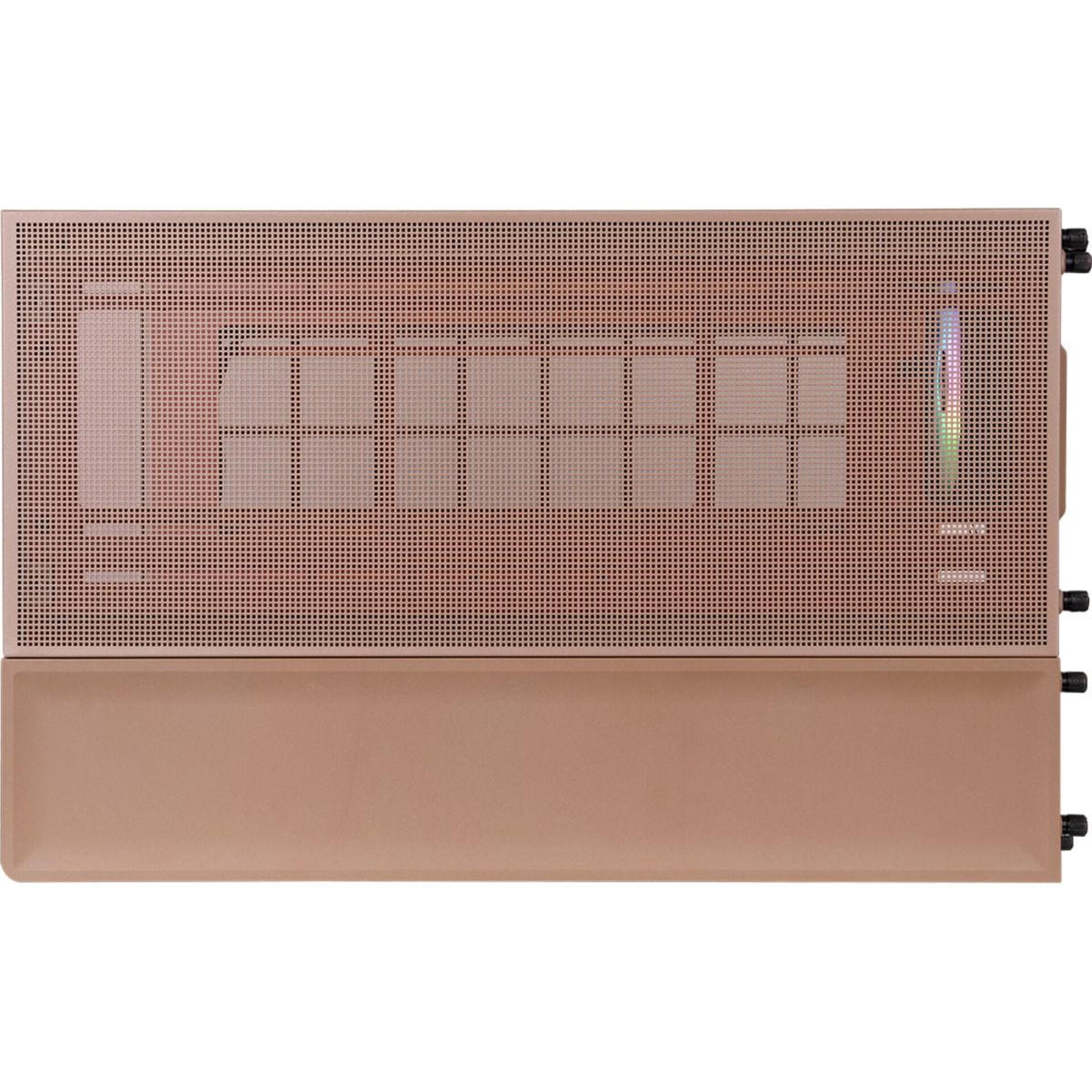 Ein bronzefarbener Computergehäuse mit perforiertem oberen Panel und RGB-Beleuchtung.