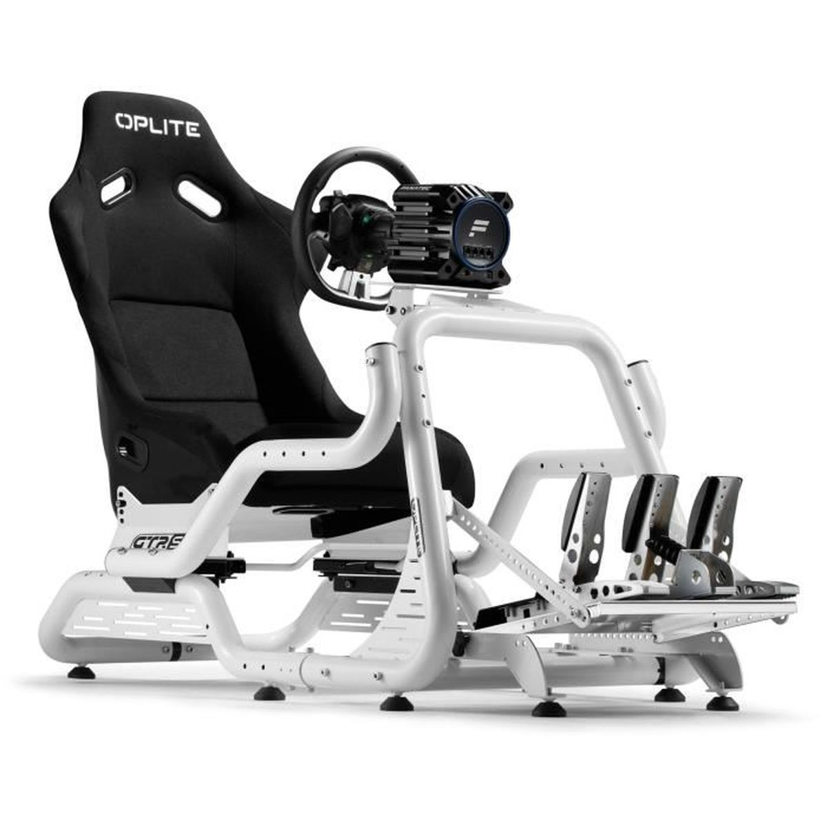 Ein weißer Rennsimulator-Stuhl mit schwarzem Sitz, Lenkrad und Pedalen.