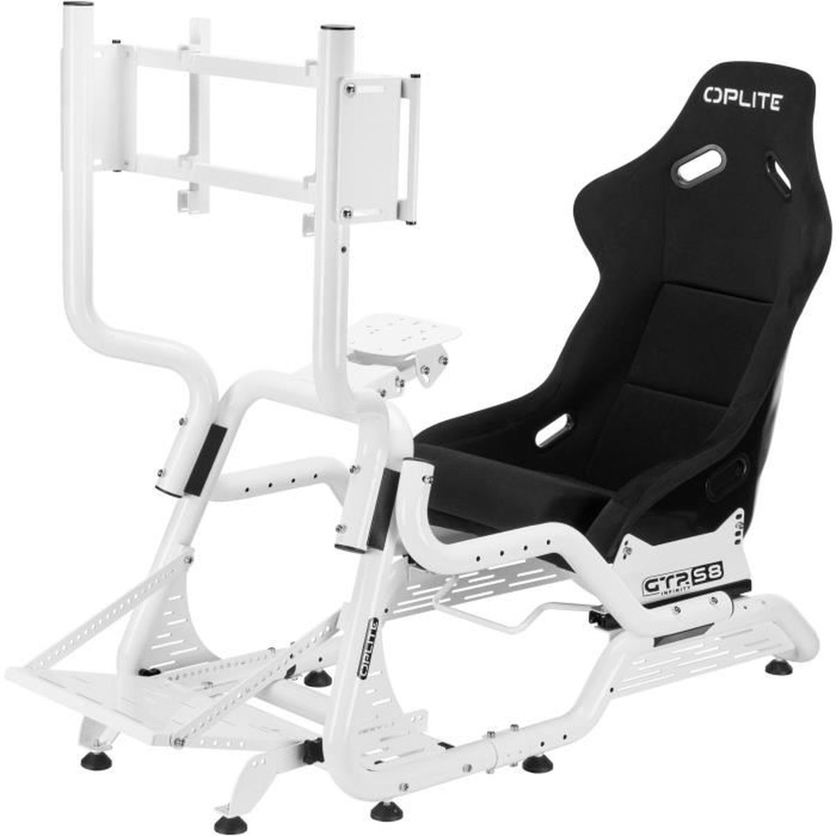 Ein weißer Rennspiel-Simulator mit schwarzem Sitz und Halterungen für Monitore.