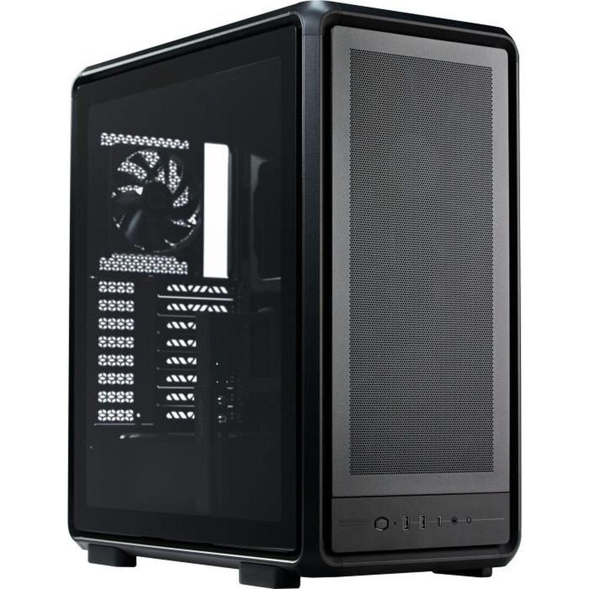 Case PC nero con lato e frontale in vetro, su piedini bianchi.