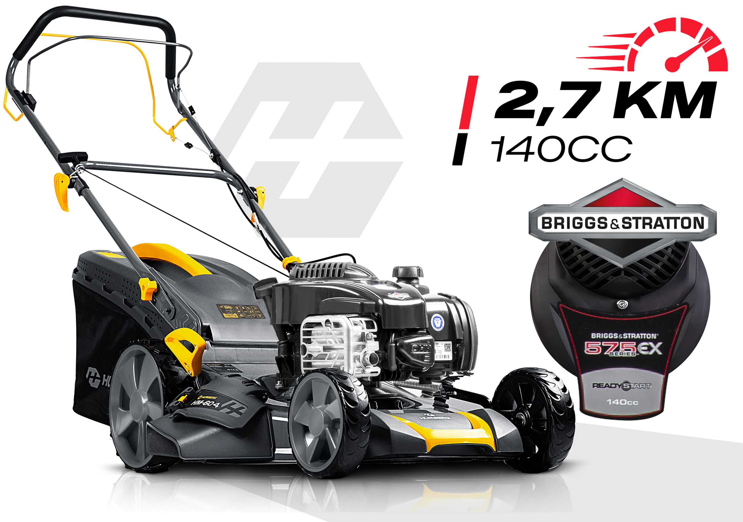 Czarna i żółta kosiarka z silnikiem Briggs & Stratton.