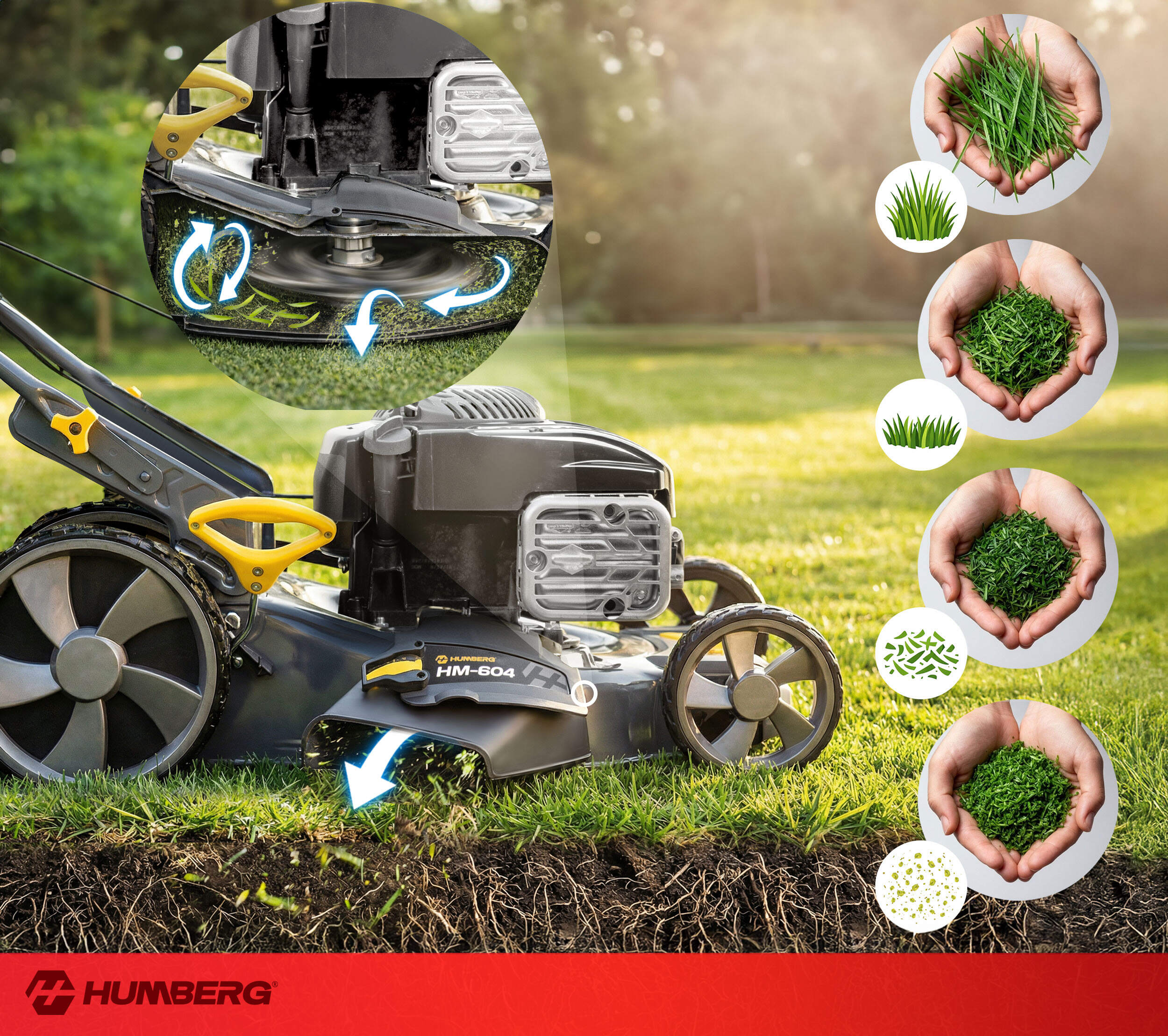 Kosiarka z widokami detali skoszonej trawy i korzeni.