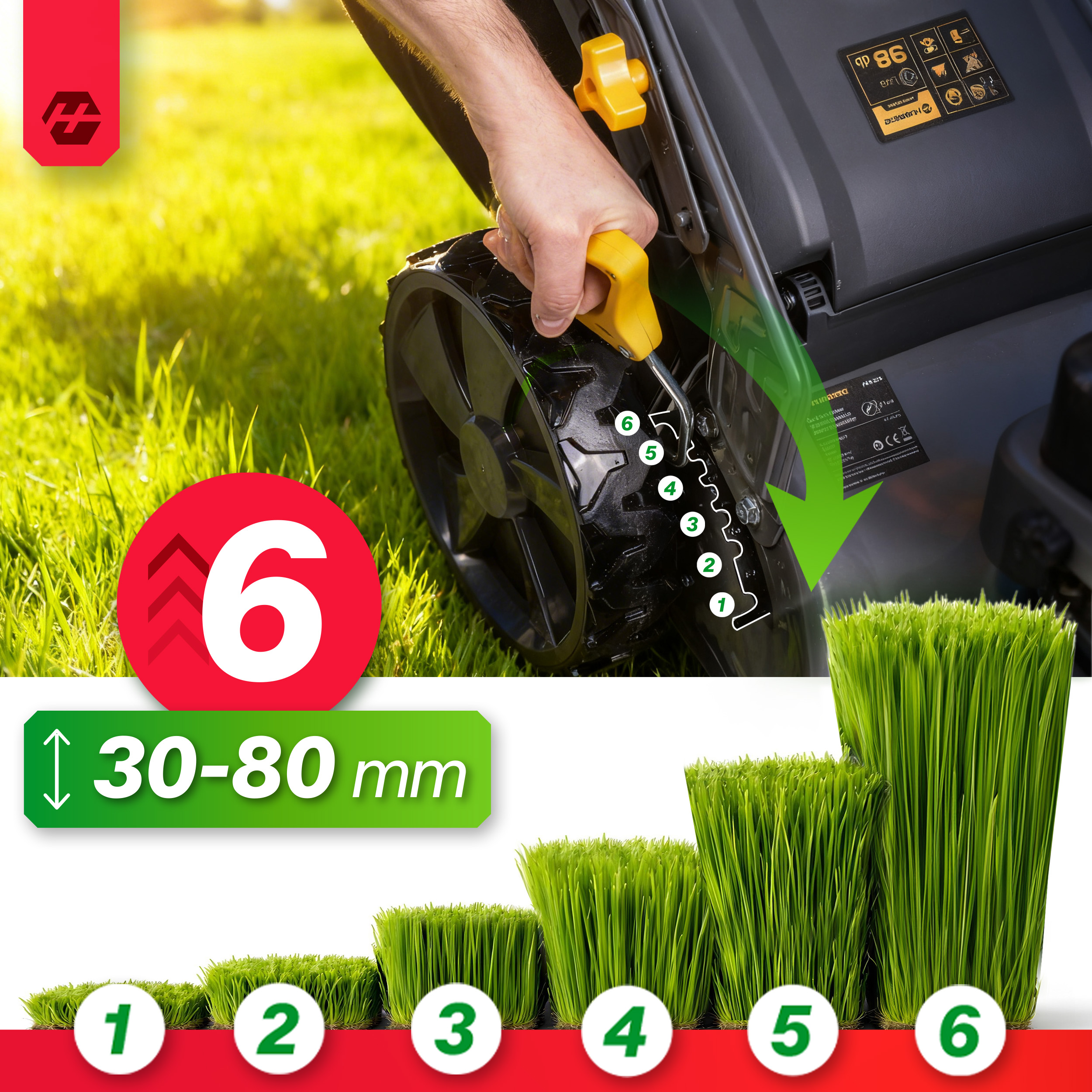 Regulacja wysokości kosiarki 6 poziomów 30-80 mm z próbkami trawy.