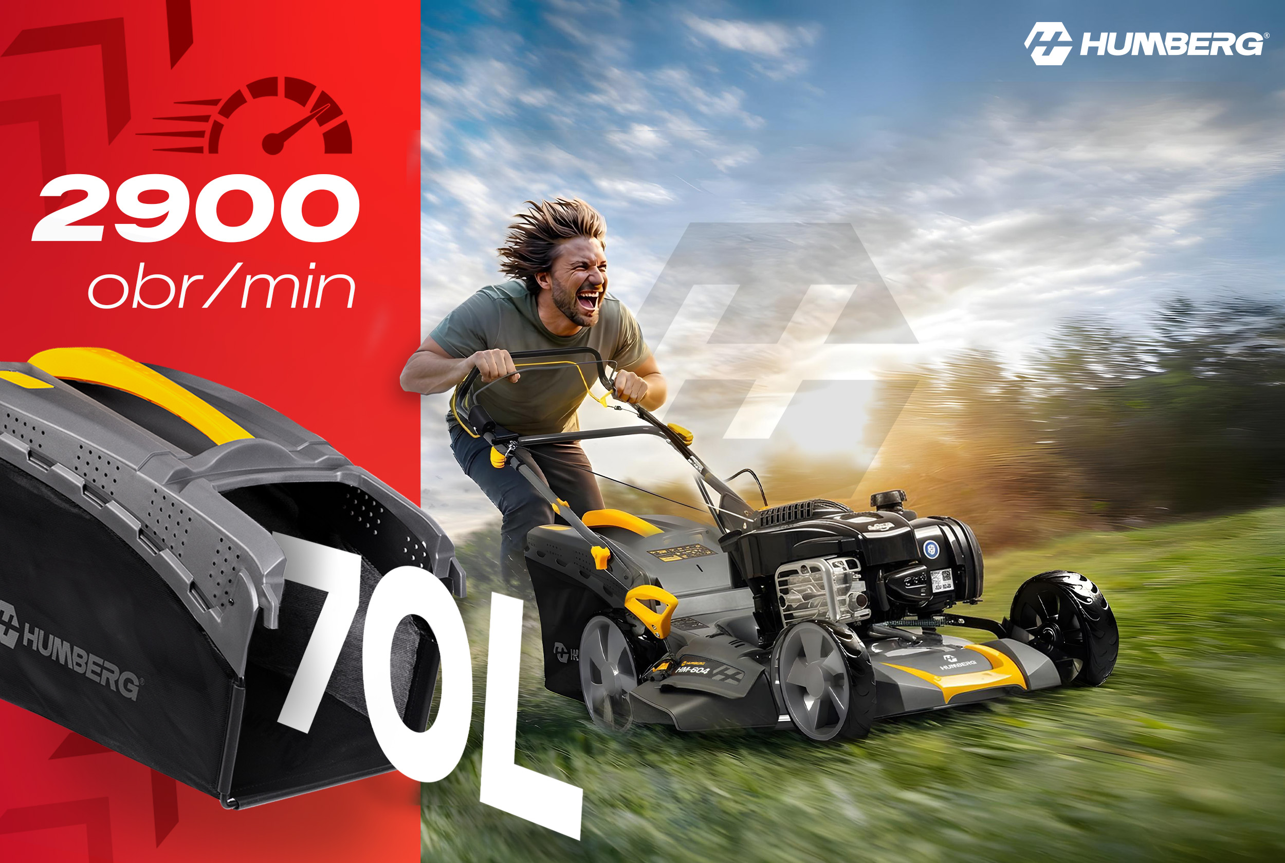 Mężczyzna z kosiarką, 2900 obr/min, kosz 70L, logo HUMBERG