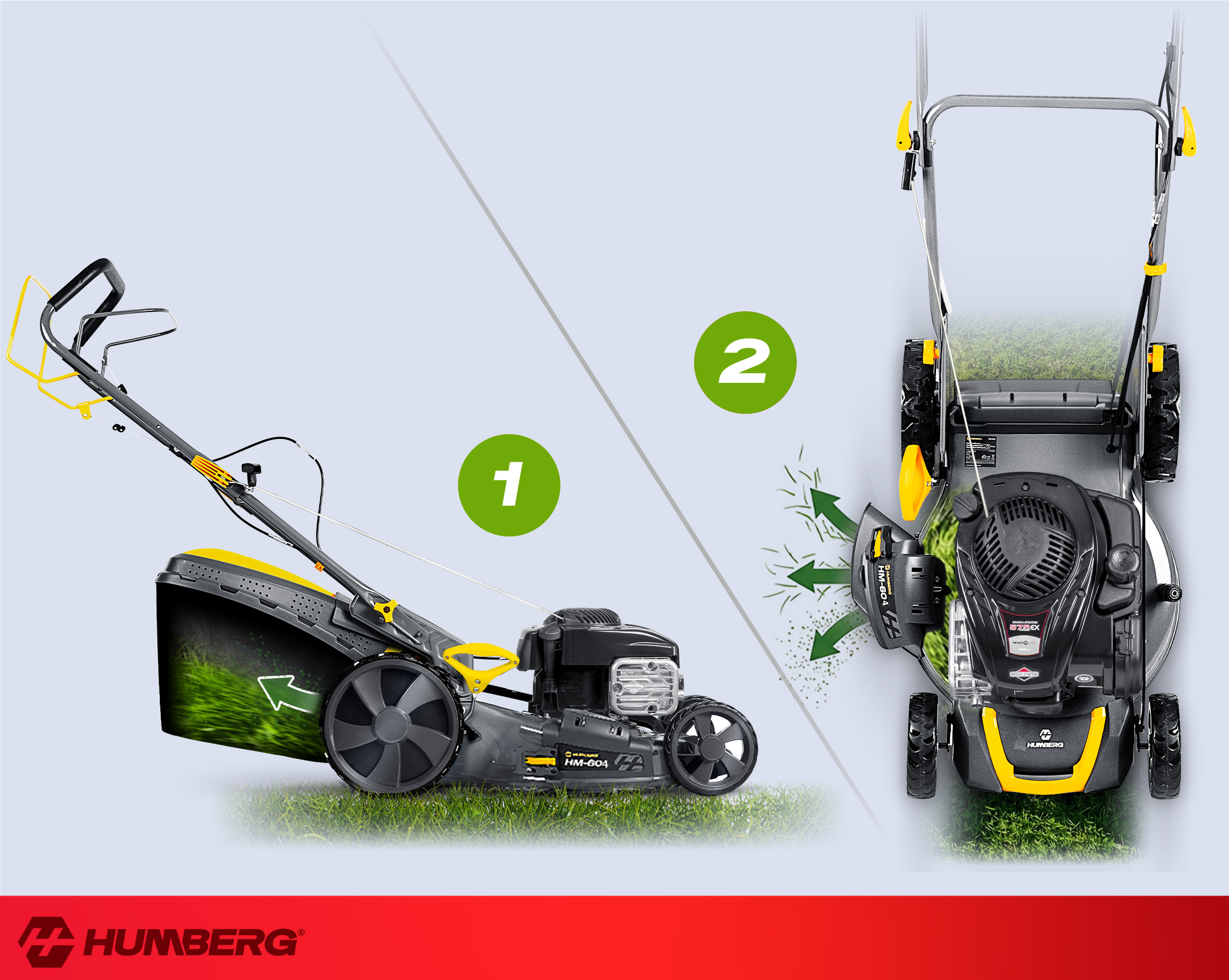 Dwa widoki kosiarki: lewy widok z boku ze zbiornikiem, prawy widok z góry.