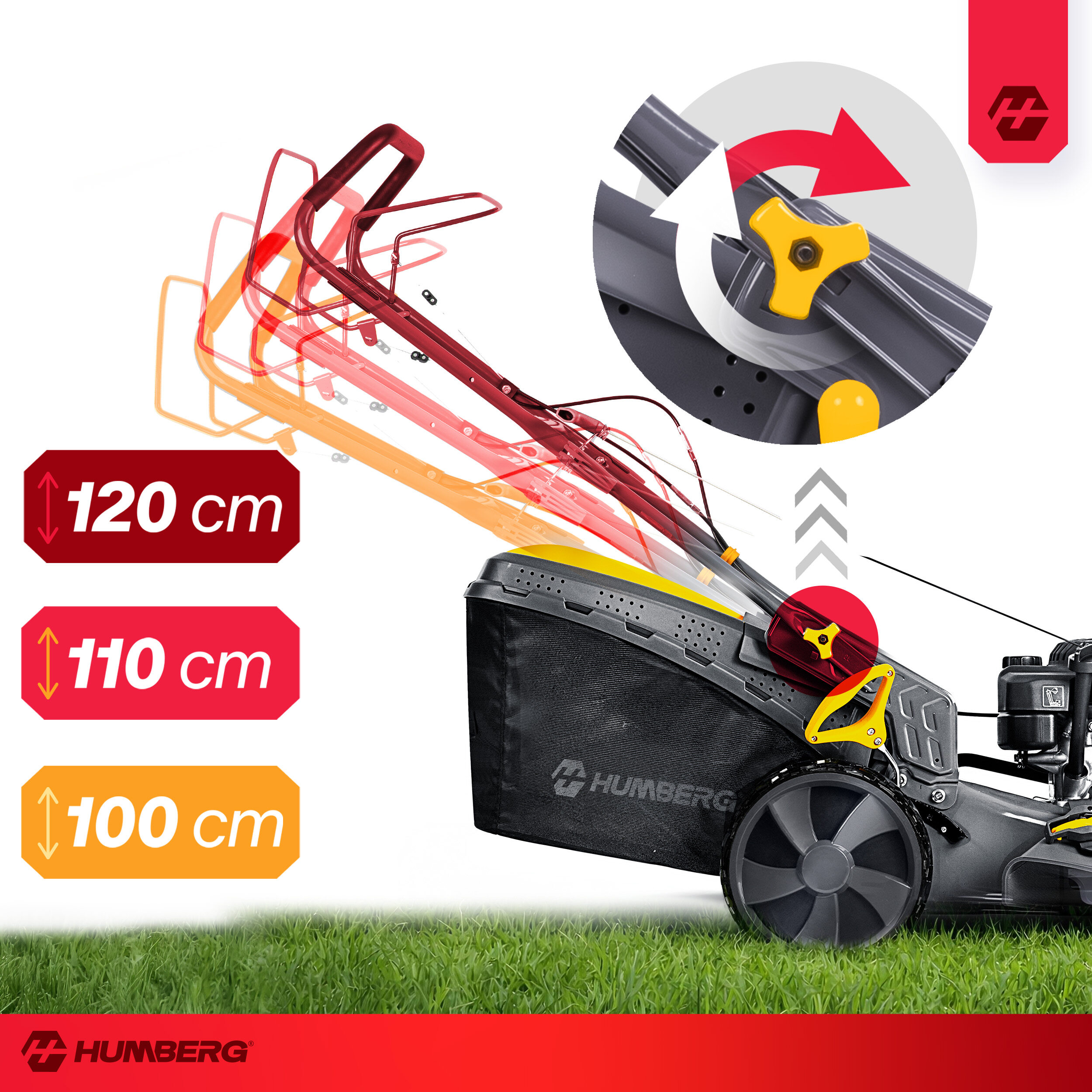 Kosiarka z regulowanym uchwytem, koszem na trawę i oznaczeniami wysokości.