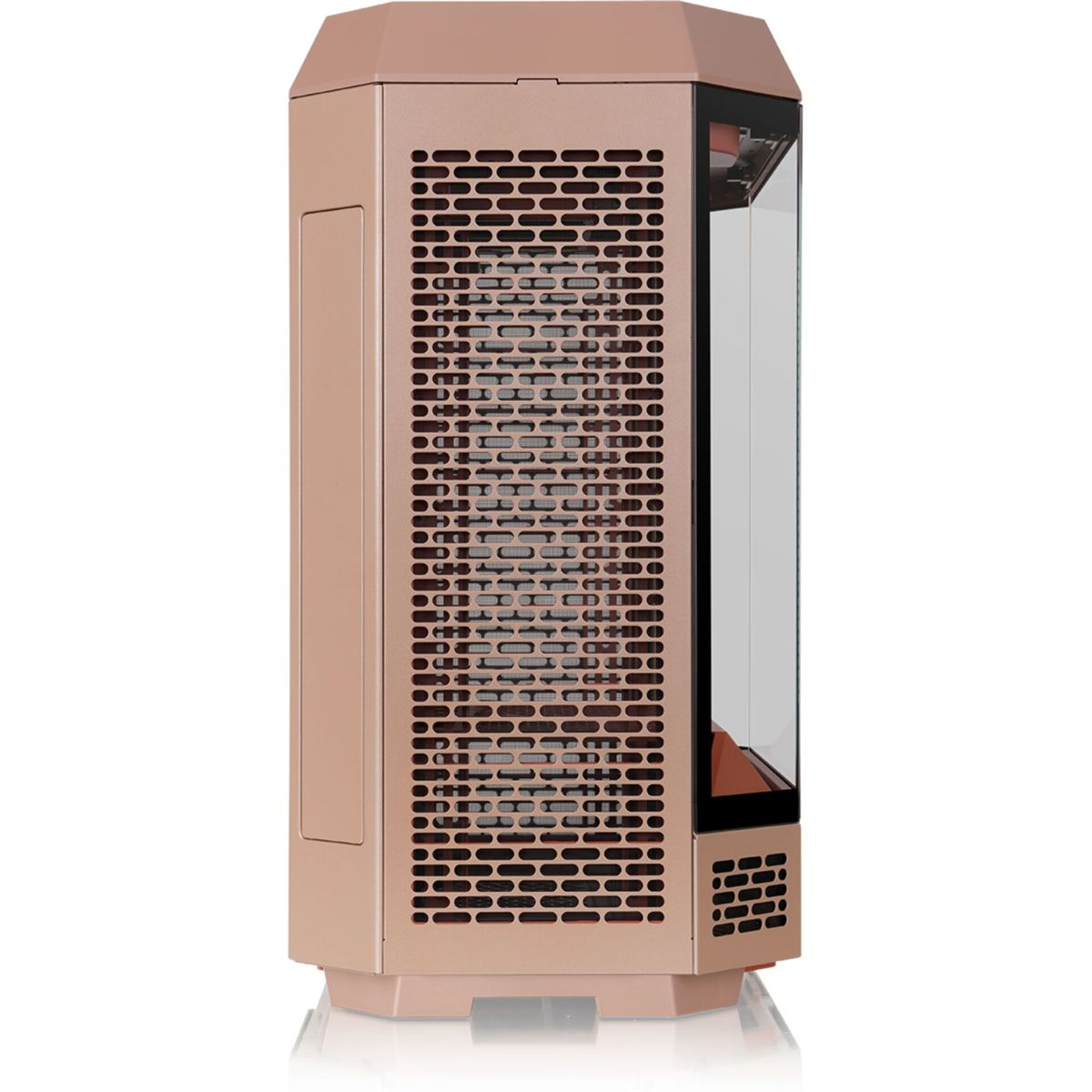 Una tower per computer color oro rosa con pannello laterale in vetro e fronte forato.