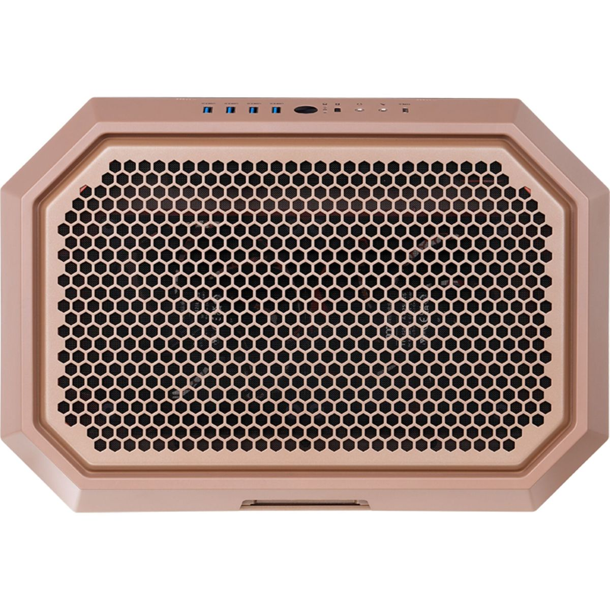 Un case per computer color oro rosa con griglia a nido d'ape e porte.