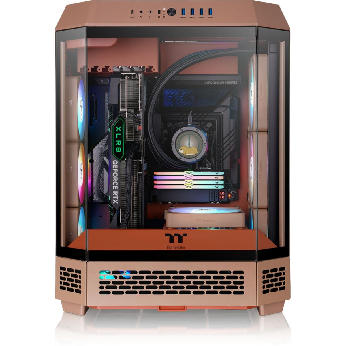 Una torre PC color bronzo con pannelli in vetro che mostrano componenti interni come ventole e scheda grafica.