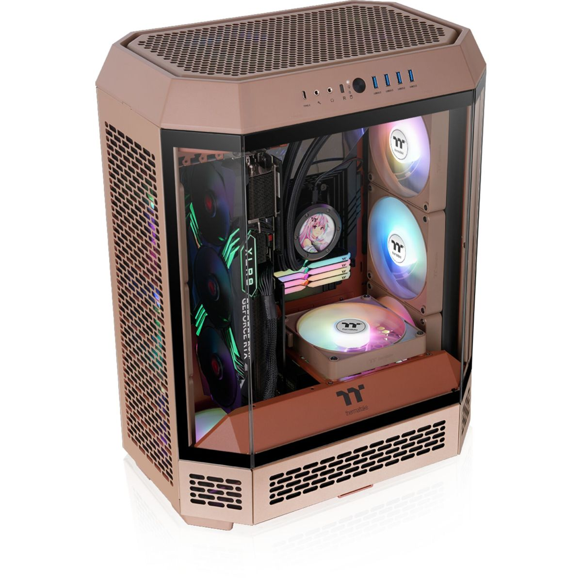 Tower PC bronzo con frontale in vetro e ventole RGB.