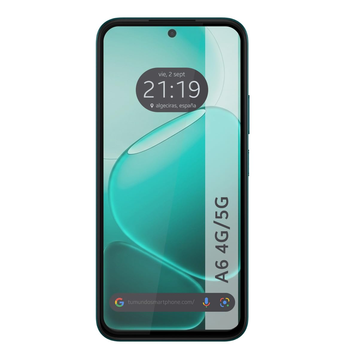 Un smartphone muestra las 21:19, con el texto A6 4G/5G.