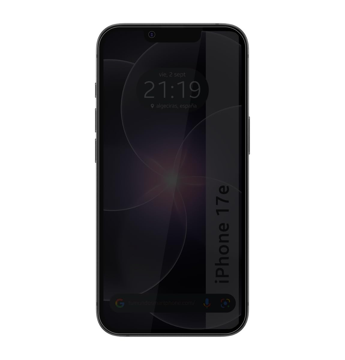 Teléfono inteligente negro con fondo de pantalla oscuro y texto "iPhone 17e".
