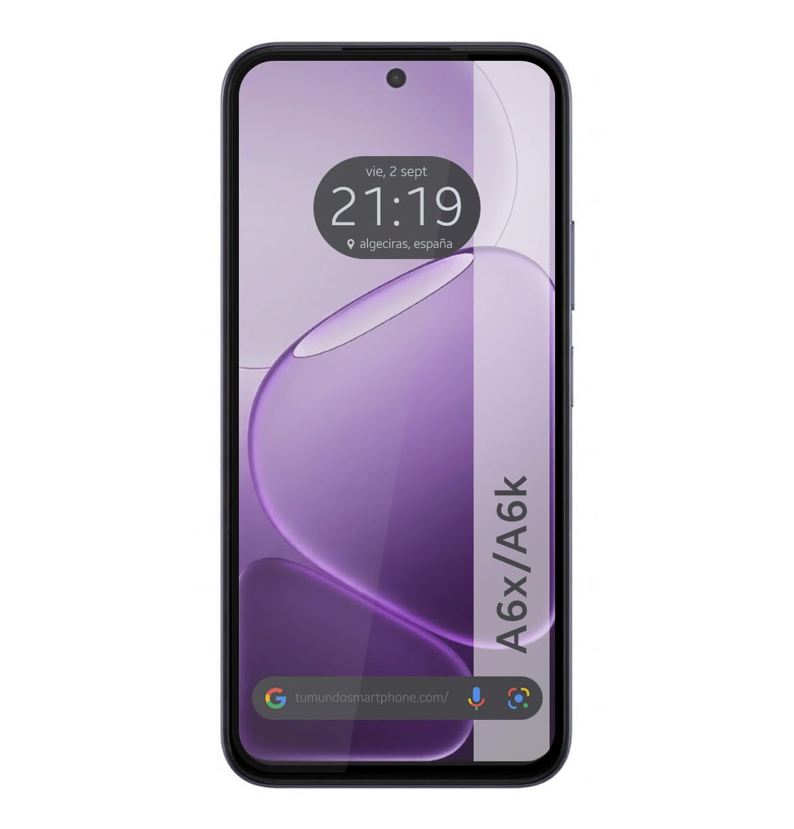 Un smartphone muestra 21:19 en un fondo abstracto morado. El texto A6x/A6k es visible.
