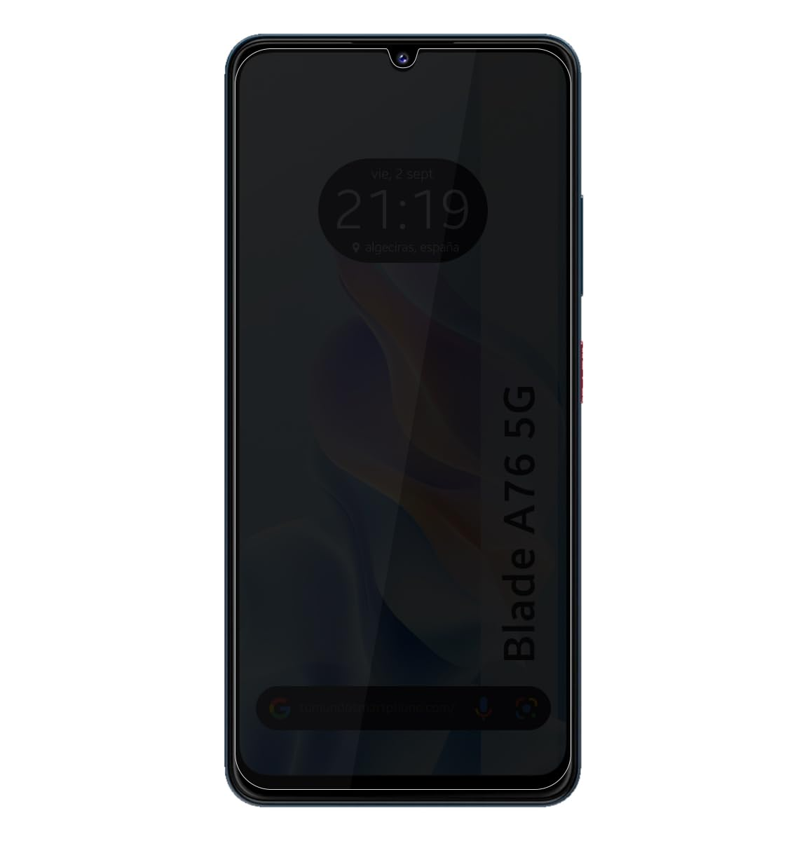 Un smartphone oscuro que muestra el texto 'Blade A76 5G' y la hora 21:19.