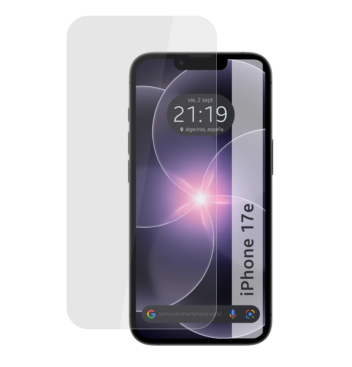 Protector de pantalla sobre un smartphone mostrando pantalla de bloqueo con hora y lugar.