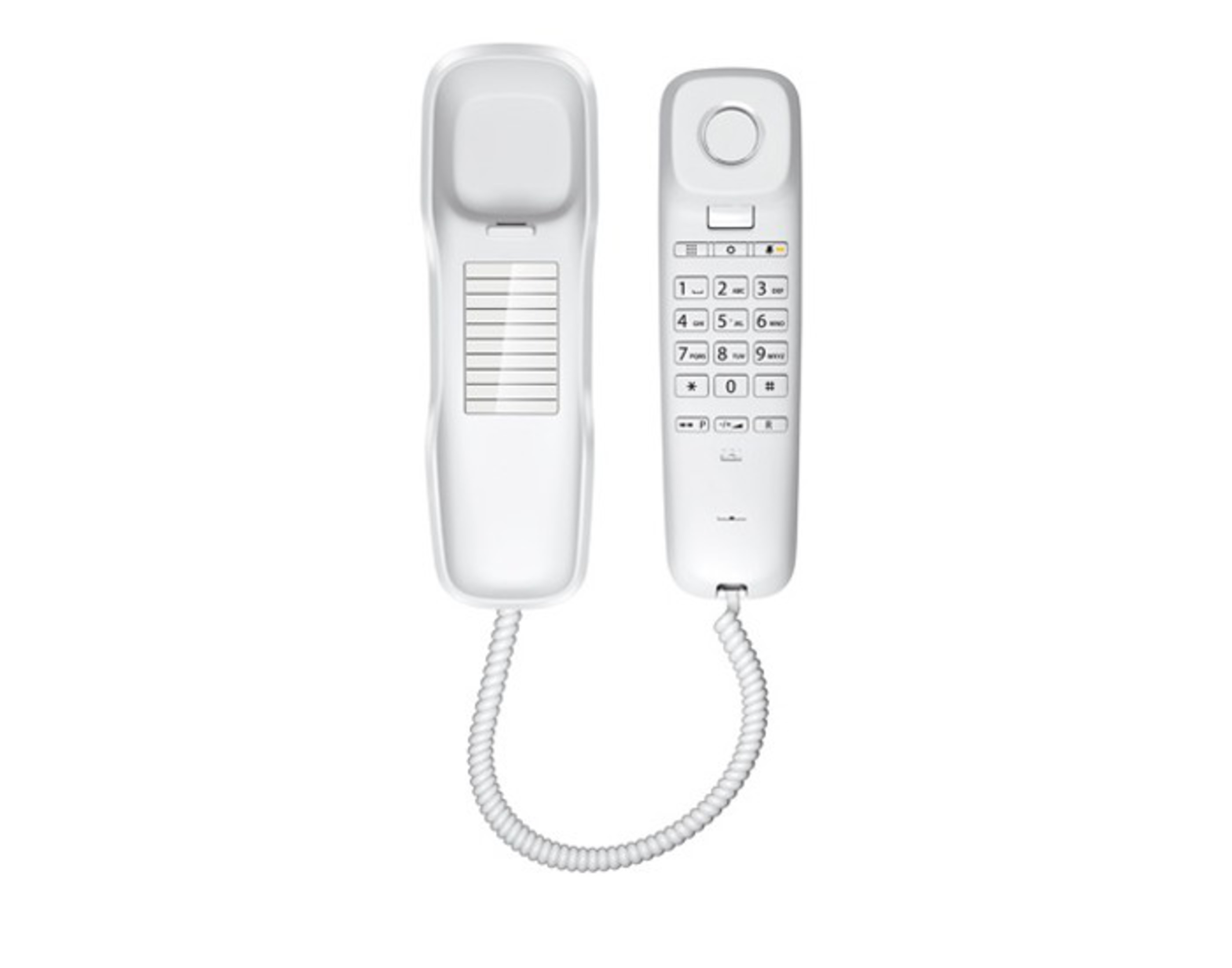 Tuş takımı ve ahizesi yan yana gösterilen beyaz kablolu telefon.