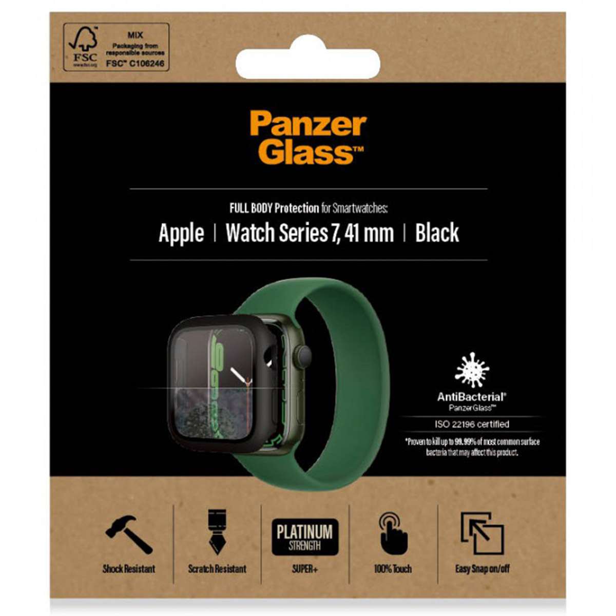 Opakowanie Panzer Glass do Apple Watch Series 7, 41mm, Czarny. Pokazuje zegarek i funkcje.