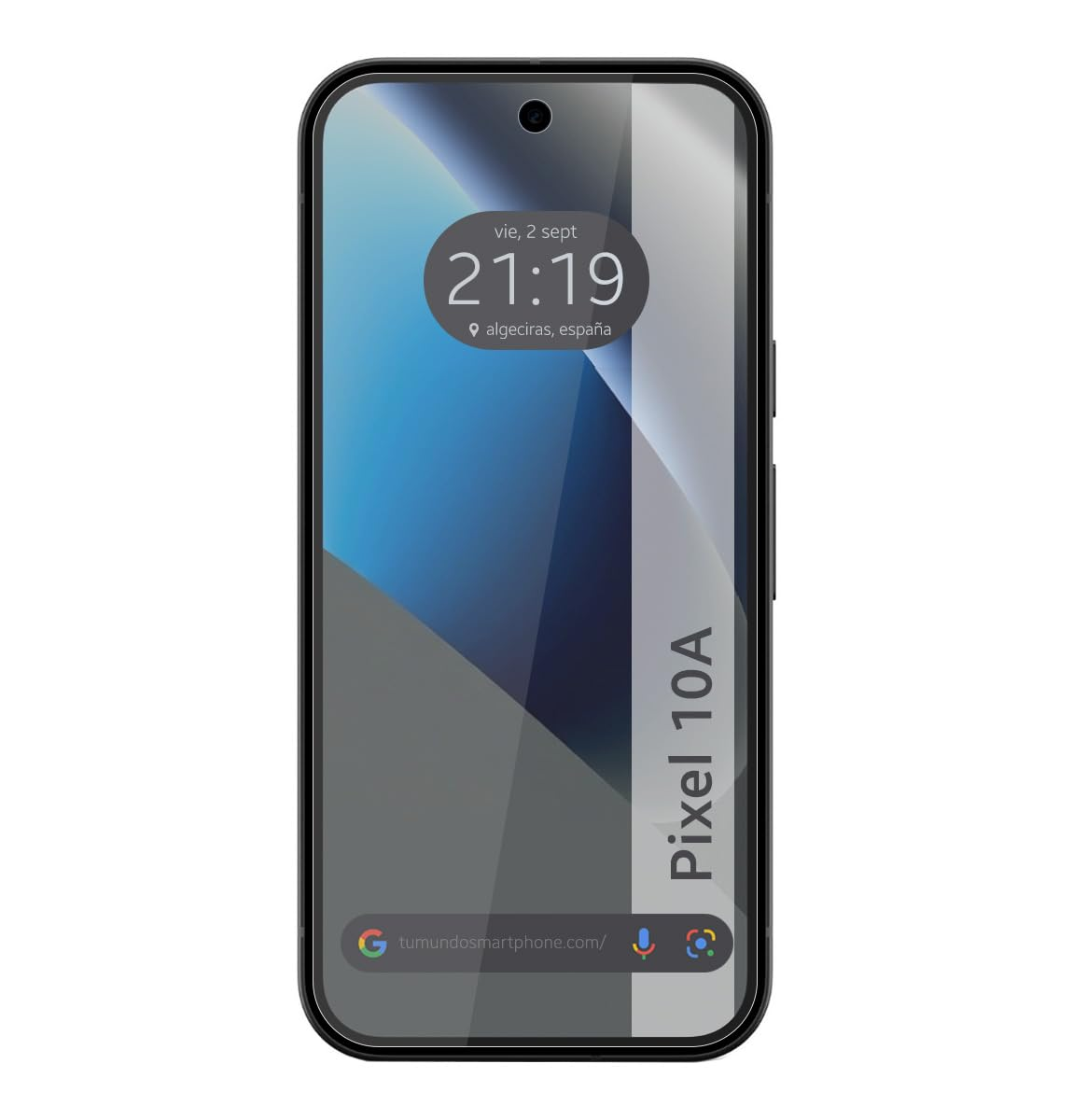 Un smartphone con "Pixel 10A" en pantalla, mostrando las 21:19.