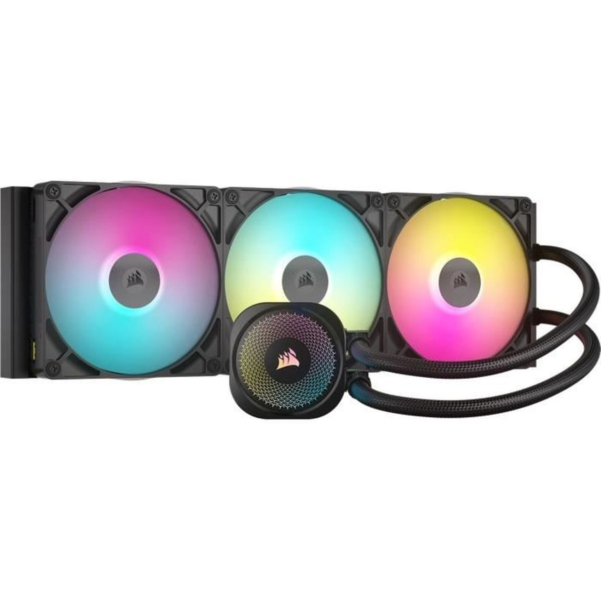 Un dissipatore per CPU con tre ventole RGB e un'unità pompa centrale.