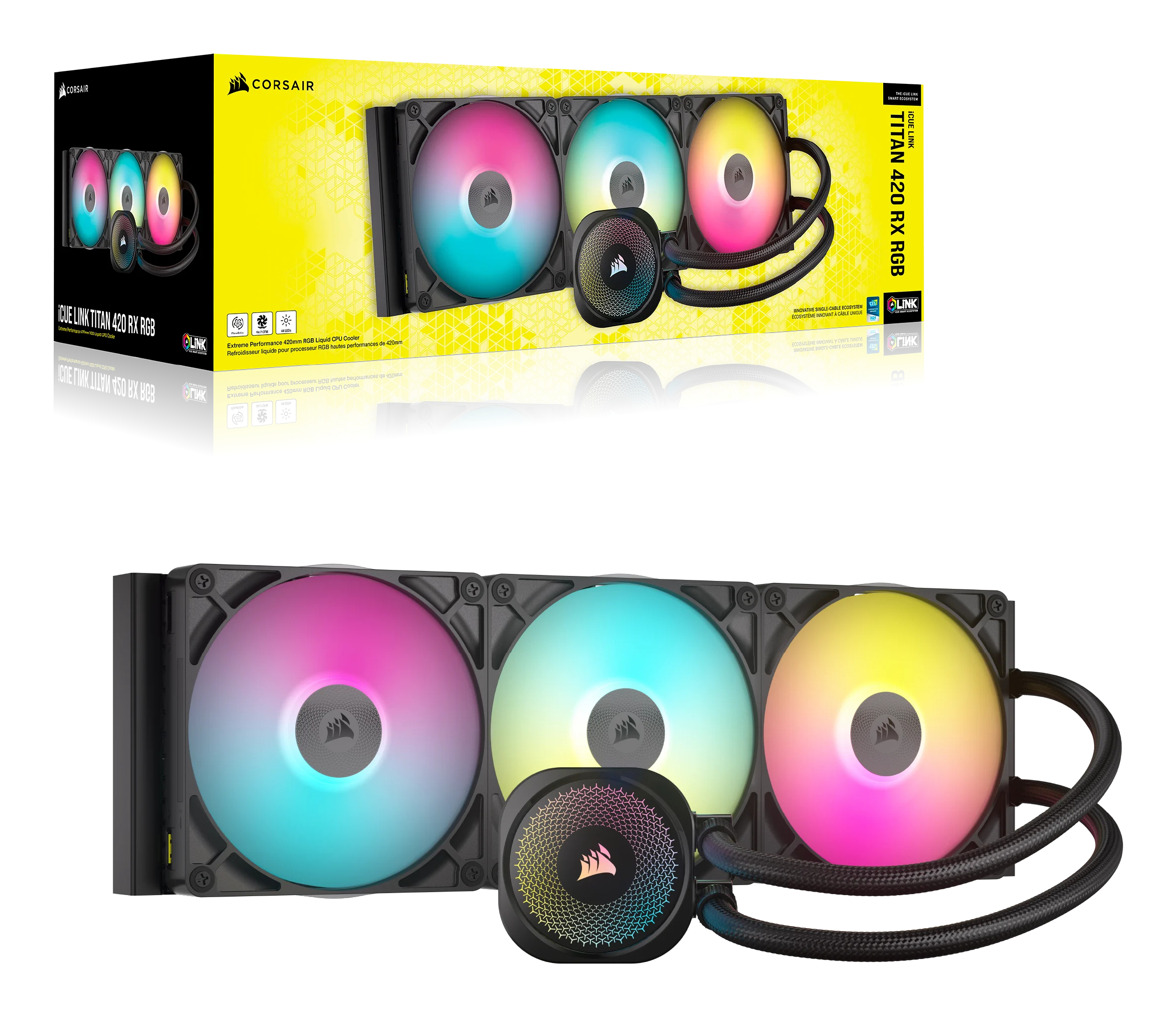 Un dissipatore CPU Corsair con tre ventole RGB e tubi neri.