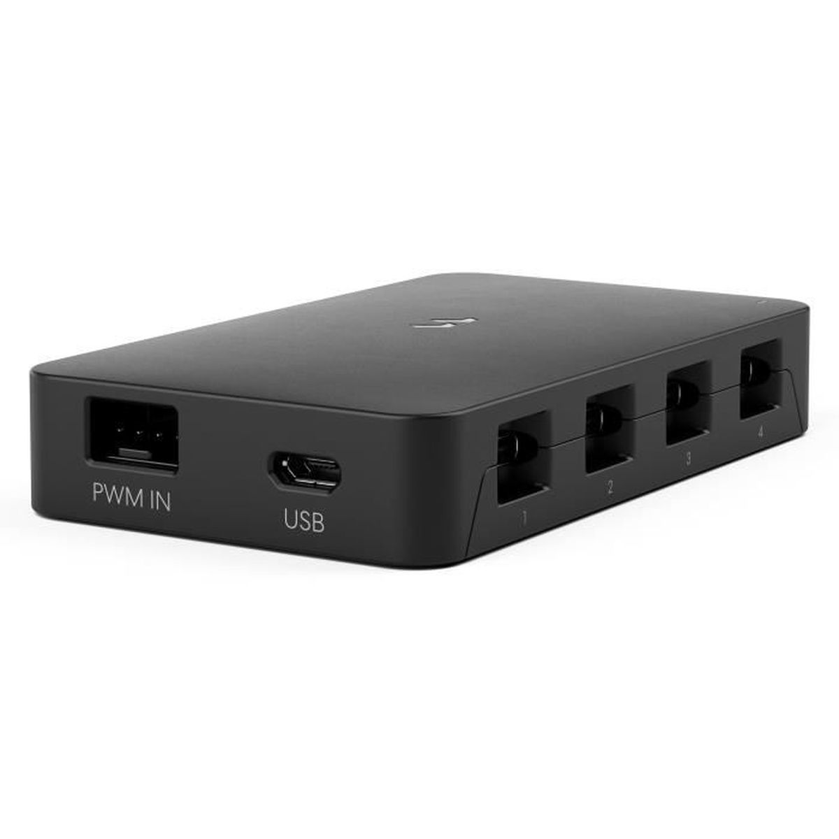 Hub di ingresso PWM IN e USB nero con quattro porte numerate sul lato.
