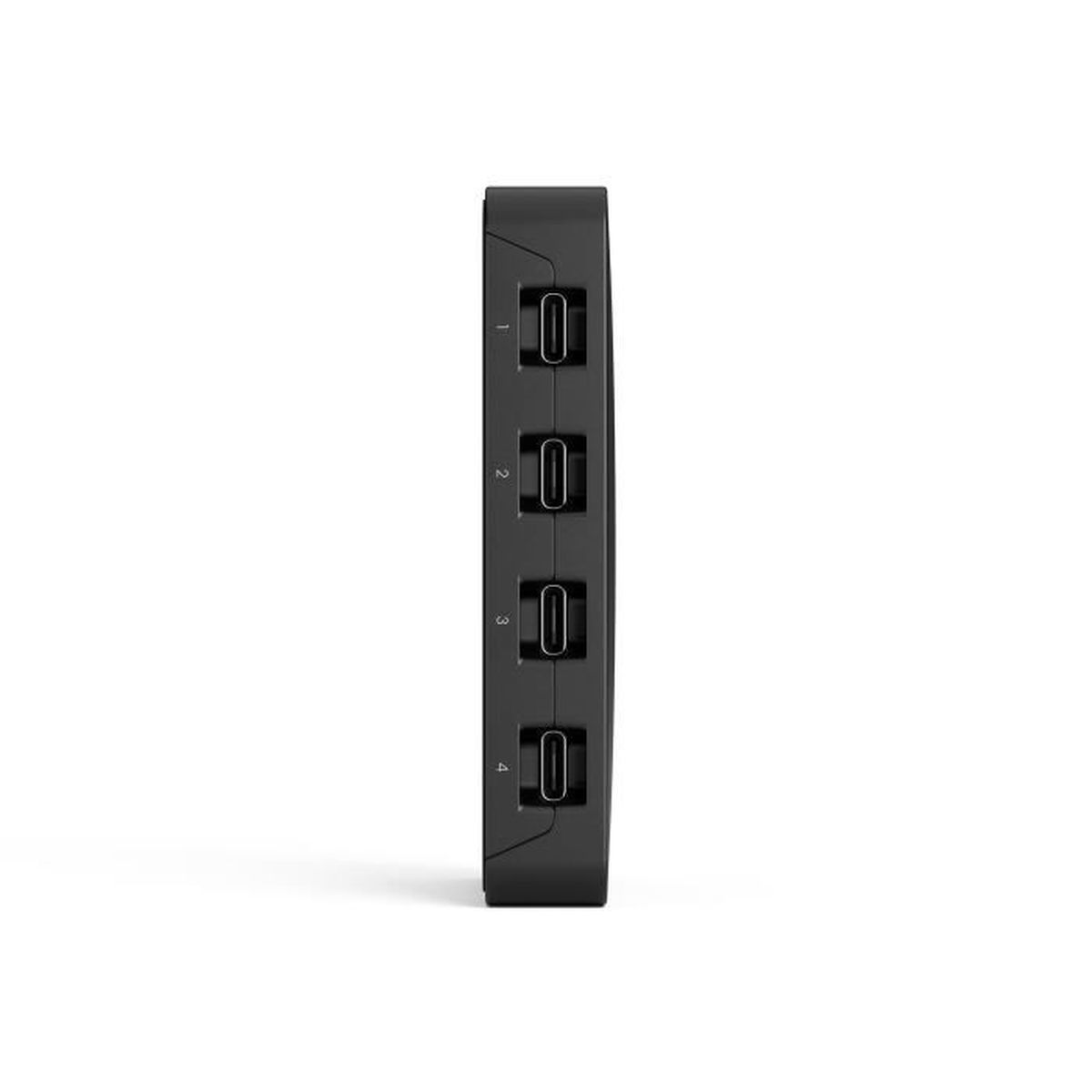 Hub USB nero con quattro porte, numerate da 1 a 4.