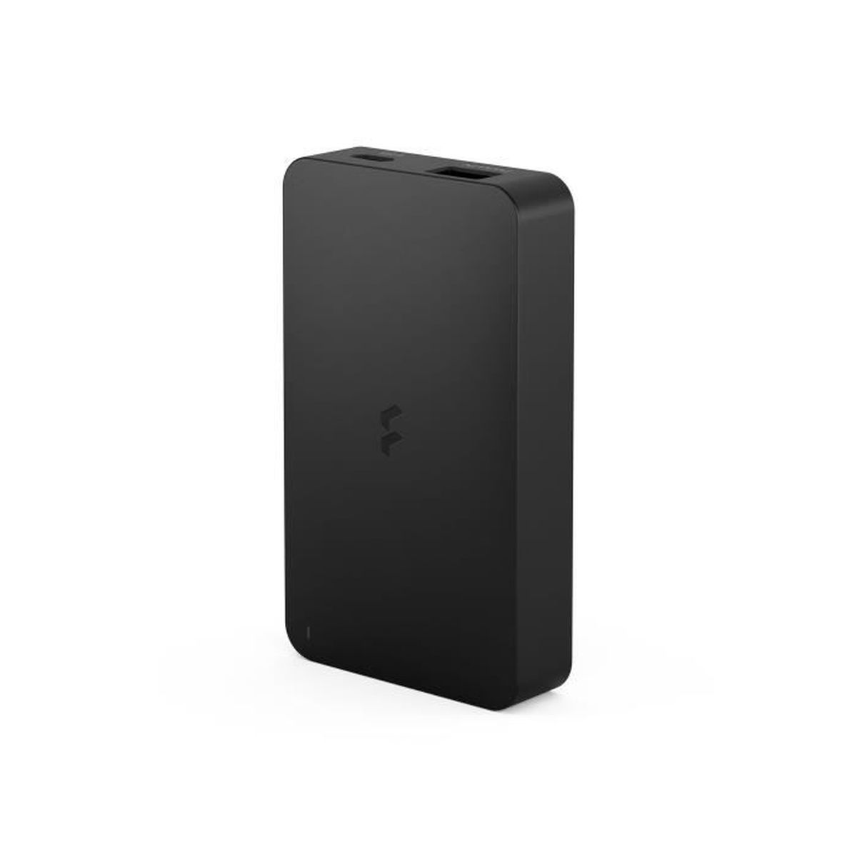 Un power bank nero e rettangolare con bordi arrotondati e un logo.
