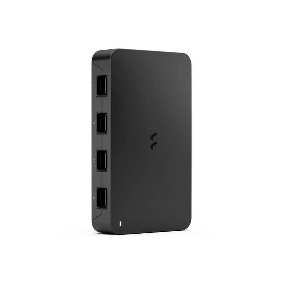 Hub USB nero con quattro porte e logo, su sfondo bianco.
