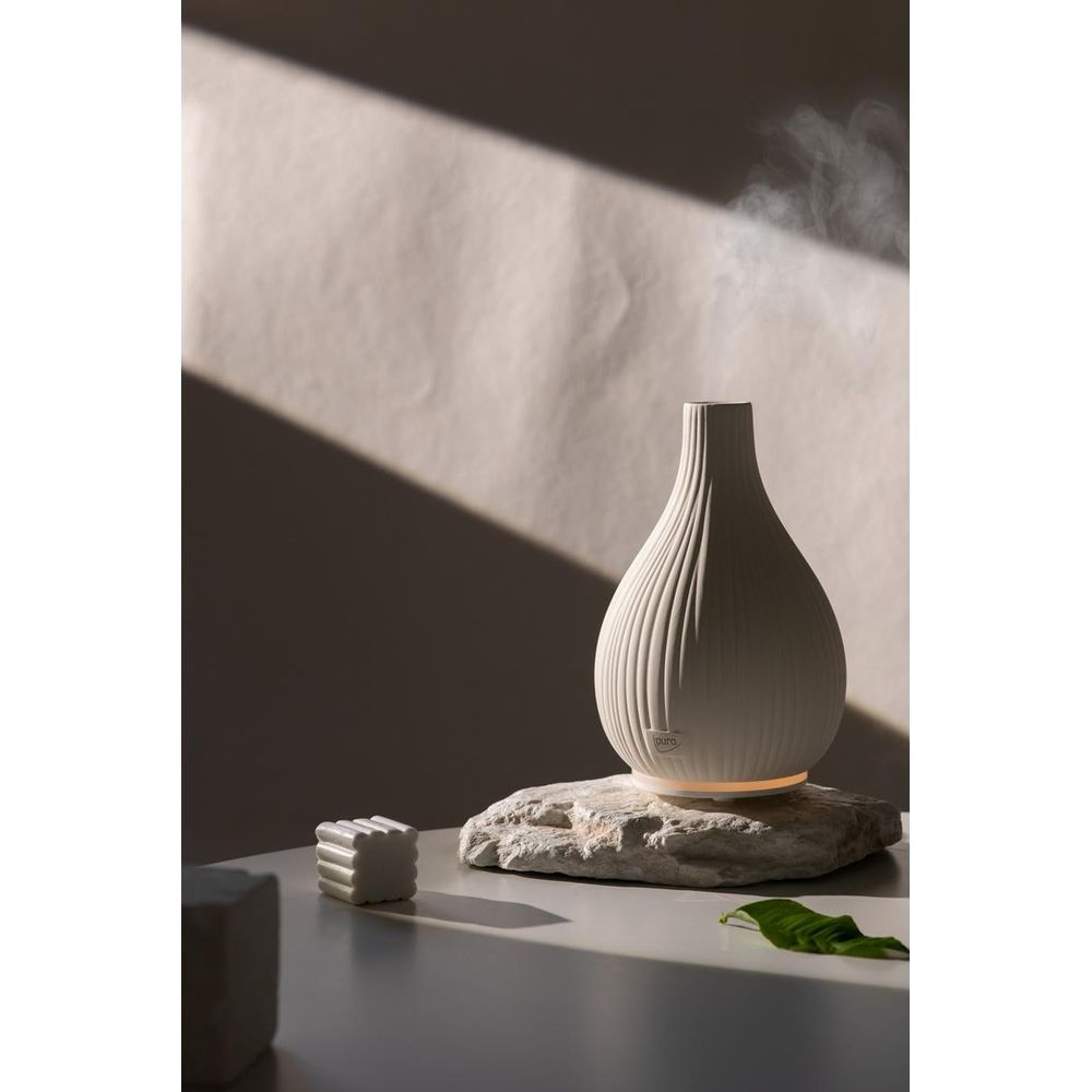 Un diffusore bianco emette vapore, su una roccia con una foglia.