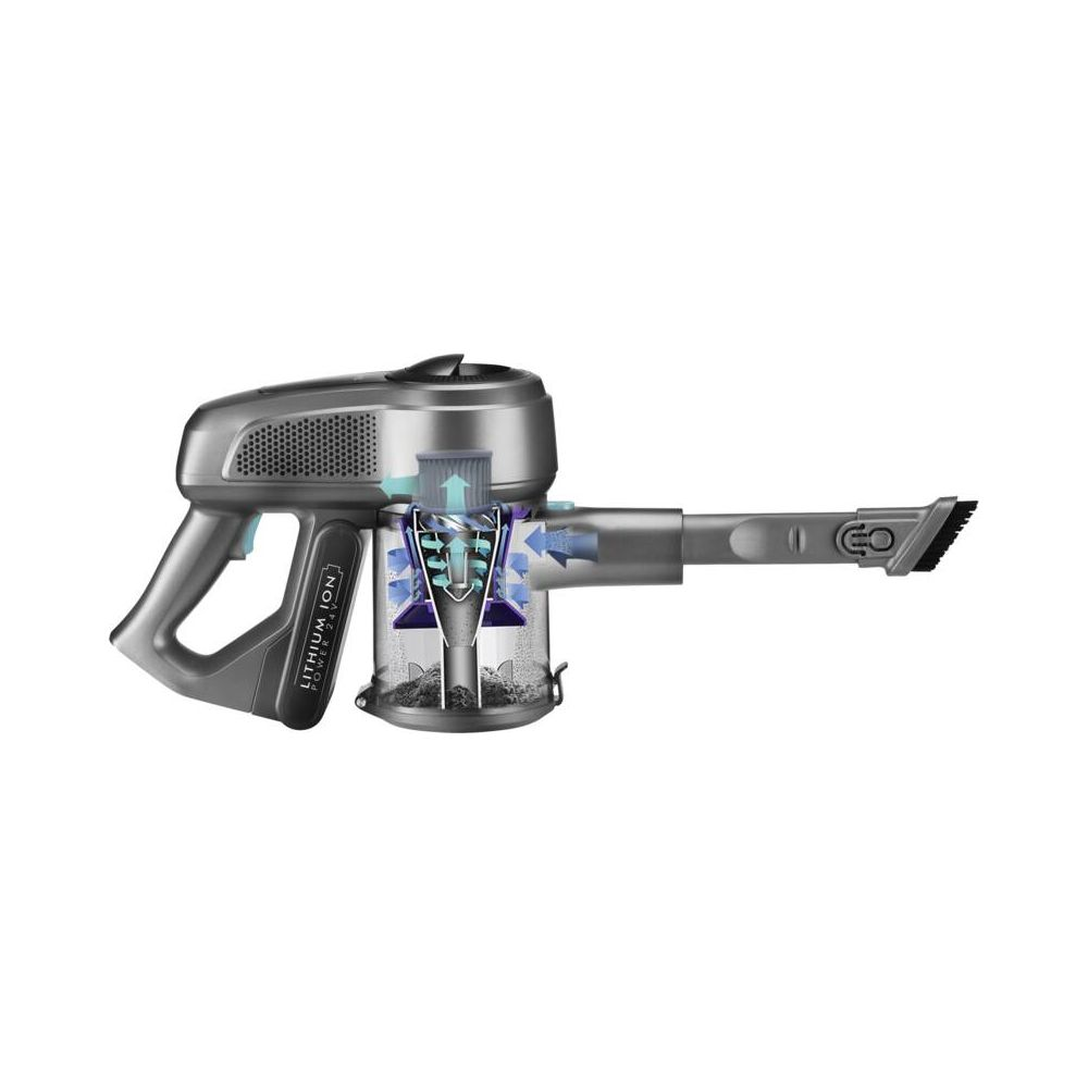 Aspirapolvere grigio portatile con contenitore trasparente e schema flusso aria.