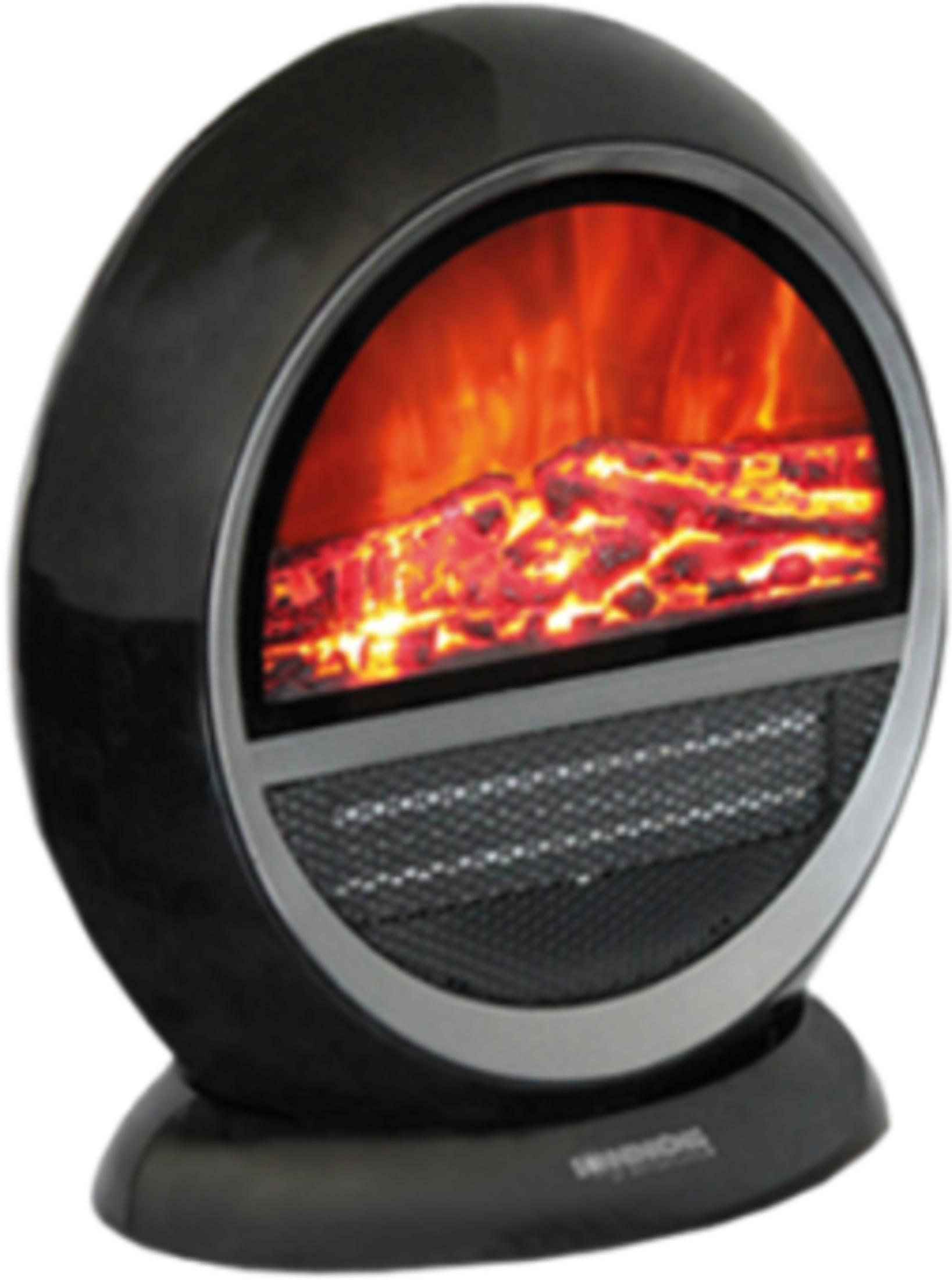 Un radiateur rond noir avec effet flamme et bûches et une grille de ventilation.